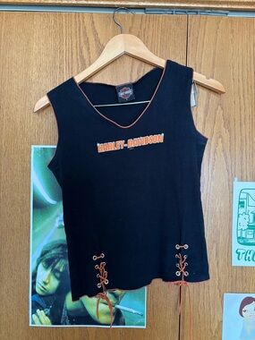 Harley-Davidson Black Tank Top with Orange Trim & Lace-Up Details